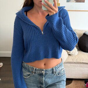 Blue Knit Quarter Zip Sweater Crop Top Tularosa